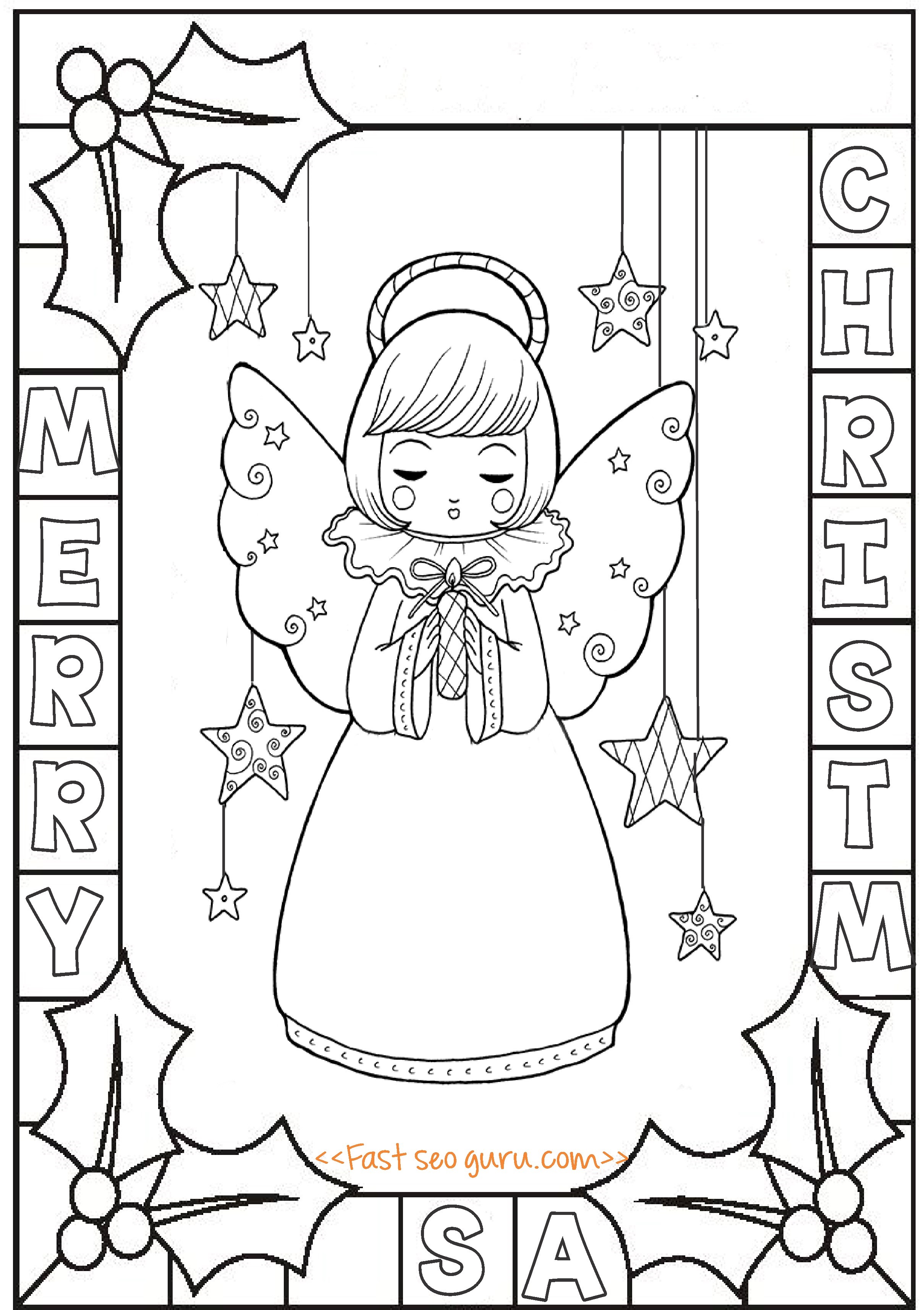 Printable cute angel chirstmas holly leaves coloring pages